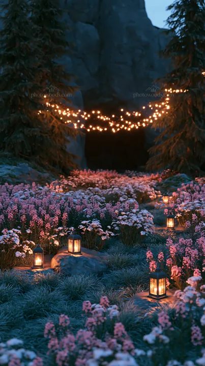 Lanterns light up dusk meadow by cave with flowers - AI-generated stock image