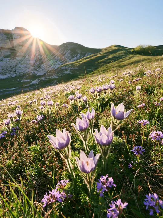 Sunny pasqueflower meadow under morning sunlight - AI-generated stock image