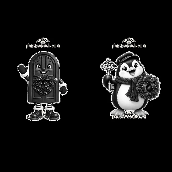 Christmas door character with penguin figure holding key - AI-generated stock image
