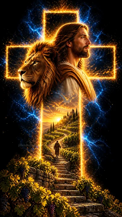 Jesus Christ in a cross with a lion and a path through nature - AI-generated stock image