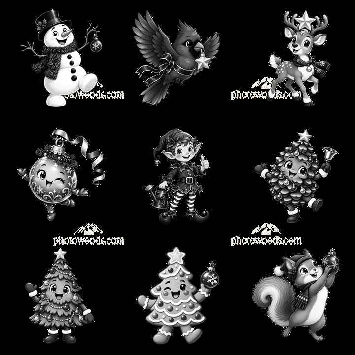 Christmas characters in a 3x3 layout for holiday themes - AI-generated stock image