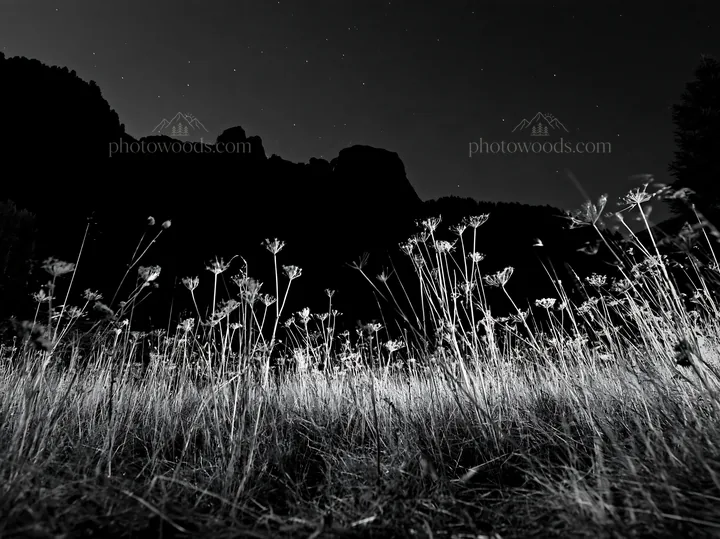 Meadow with flowers under crags at night - AI-generated stock image