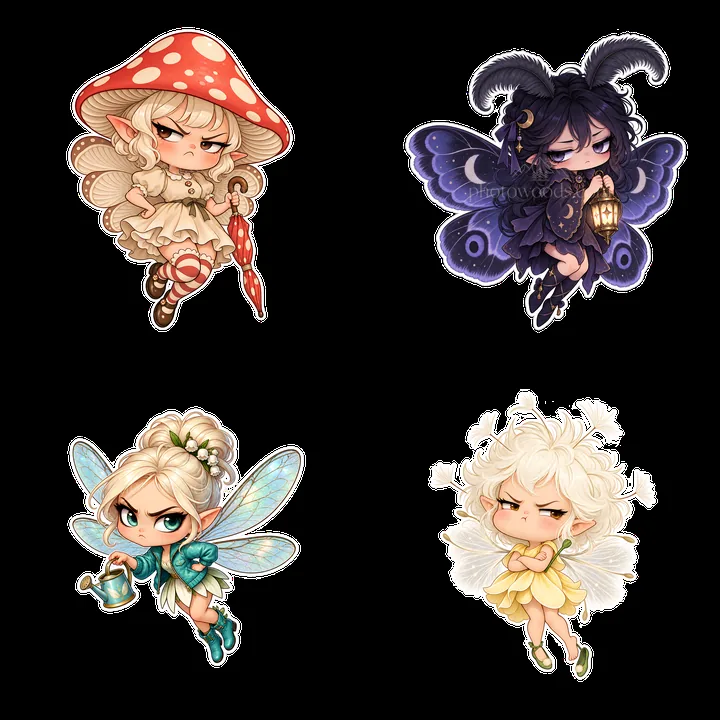 Kawaii grumpy fairies with accessories in various poses - AI-generated stock image