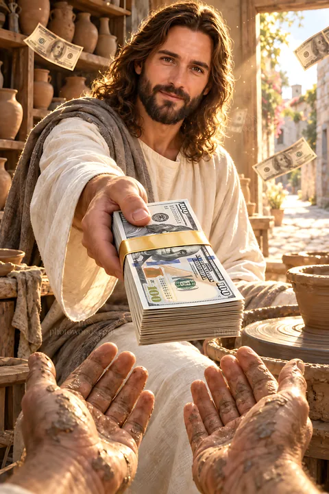 Man hands cash in pottery workshop setting - AI-generated stock image