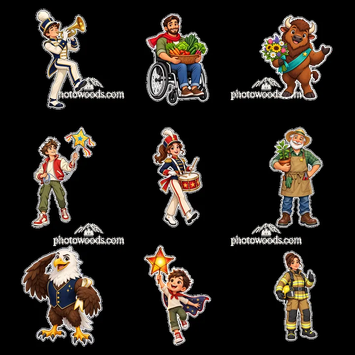 Colorful cartoon characters celebrating patriotism in a 3x3 grid - AI-generated stock image