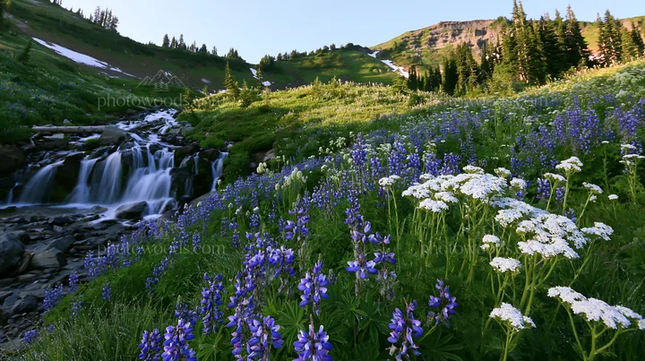 Mountain flower meadow with waterfall during daytime - AI-generated stock image