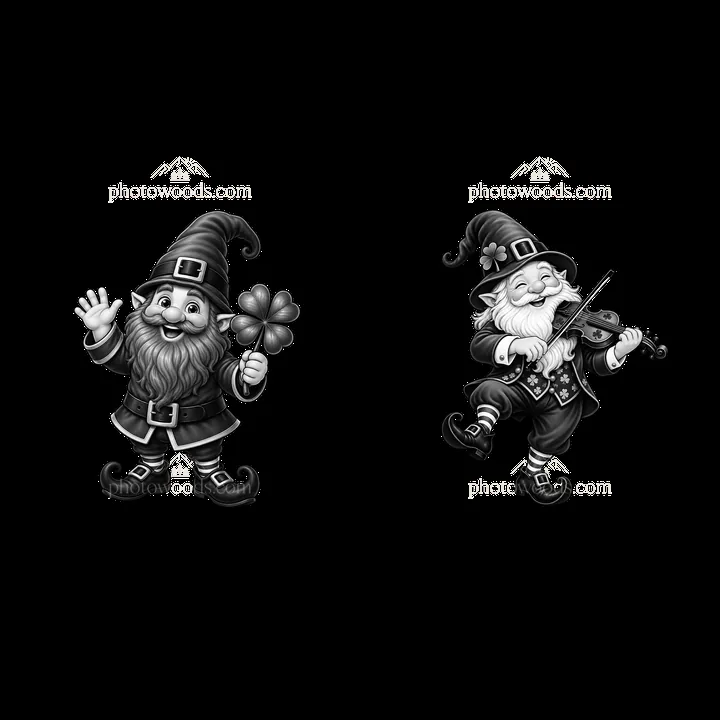 St. Patrick's Day gnomes with shamrock and violin in black and white - AI-generated stock image