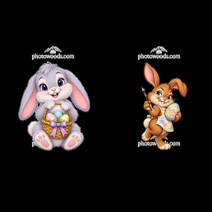 Cartoon Easter bunnies holding decorated eggs in a basket - AI-generated stock image