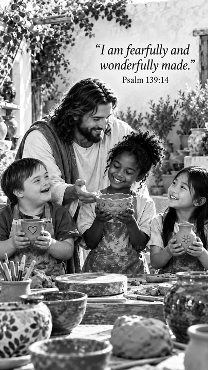 Jesus Christ teaching children about creativity and joy - AI-generated stock image