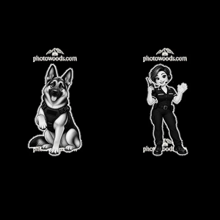Police dog and female officer cartoon sticker design - AI-generated stock image