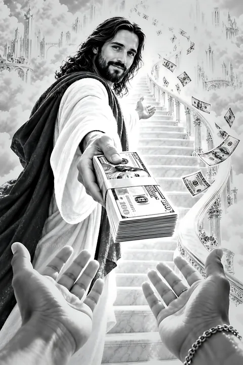 Celestial staircase with figure offering money - AI-generated stock image