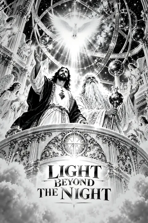 Light from above in a cosmic scene with figures and symbols - AI-generated stock image