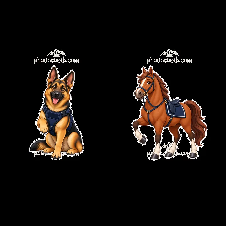 Cartoon police dog and horse stickers in playful poses - AI-generated stock image