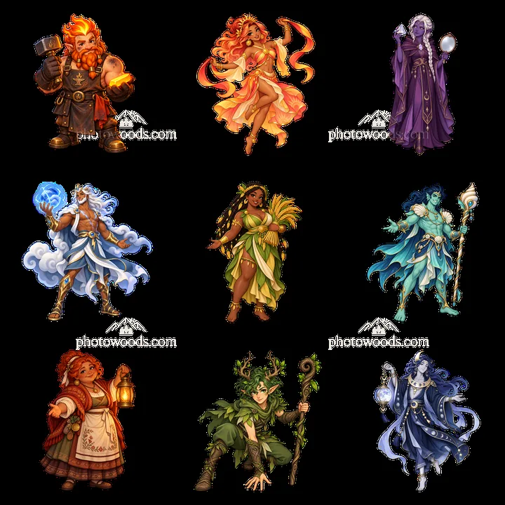 Colorful cartoon stickers of pagan gods in a 3x3 layout - AI-generated stock image