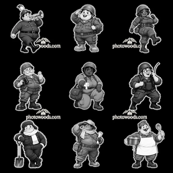 Cute chubby soldiers in various poses and activities - AI-generated stock image