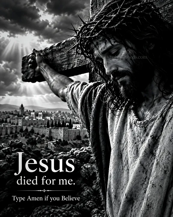 Jesus died for me on Calvary with city background - AI-generated stock image