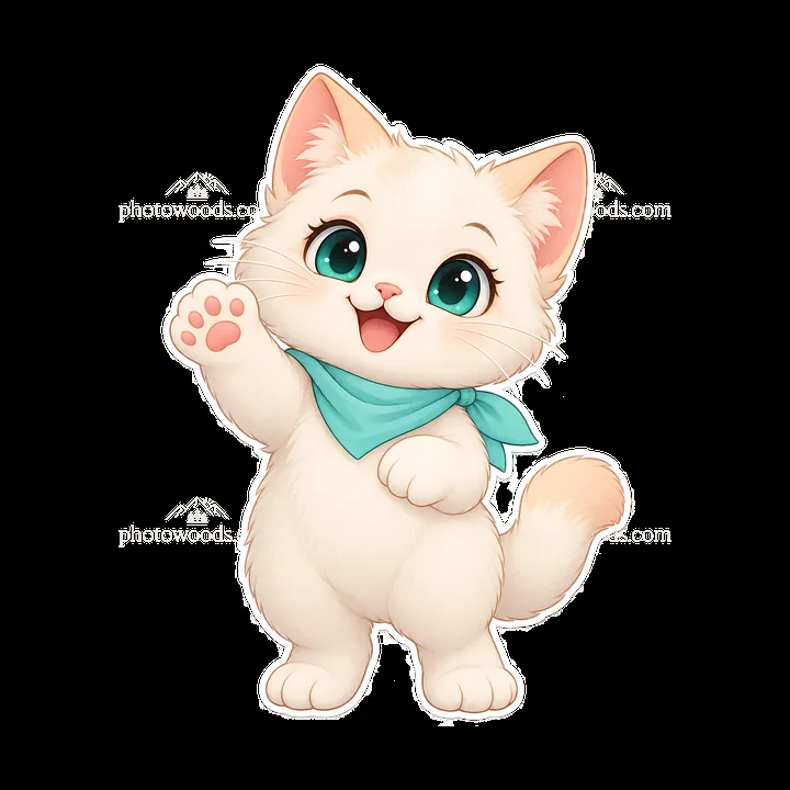 Kawaii white cat character with teal bandana waving cheerfully - AI-generated stock image