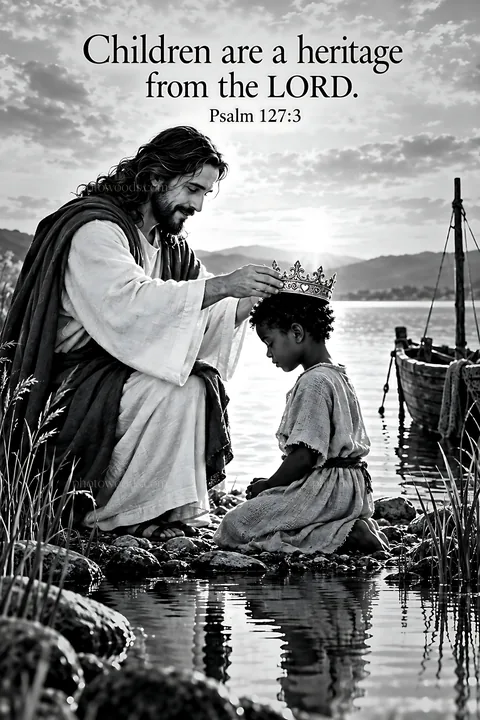 Crown placed on child by figure beside still waters - AI-generated stock image