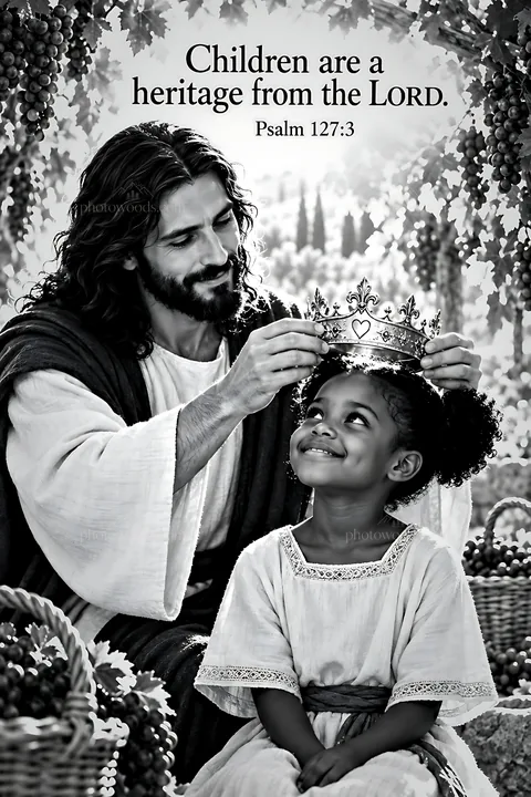 Children under the vineyard arbor receive blessings and joy - AI-generated stock image