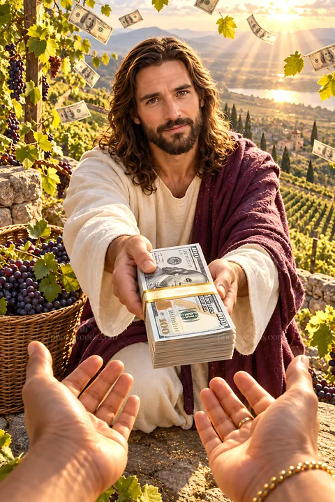 Jesus giving money in a vineyard setting - AI-generated stock image
