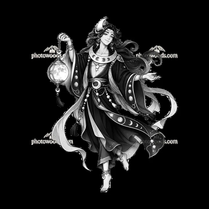 Pagan god figure holding a lantern with flowing robes and long hair - AI-generated stock image