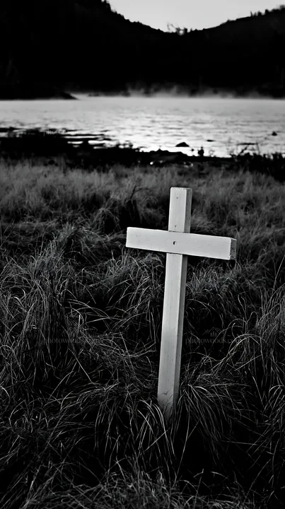 White Christian cross in remote meadow by water - AI-generated stock image