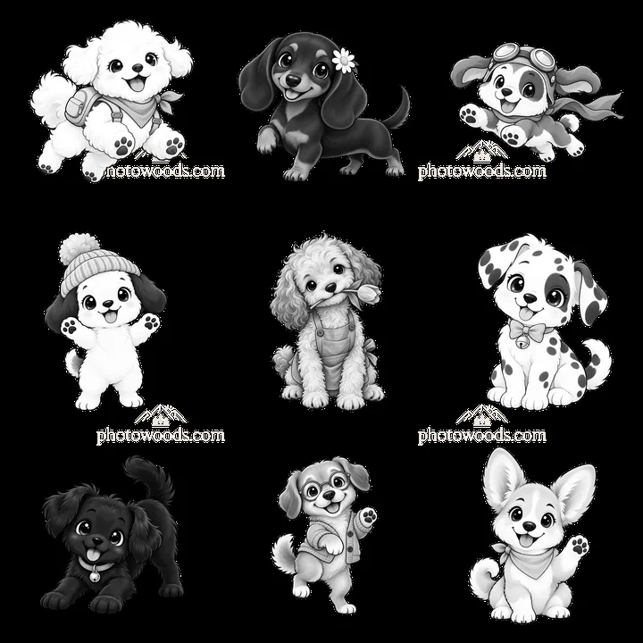 Cute dog stickers arranged in a 3x3 grid for fun designs - AI-generated stock image