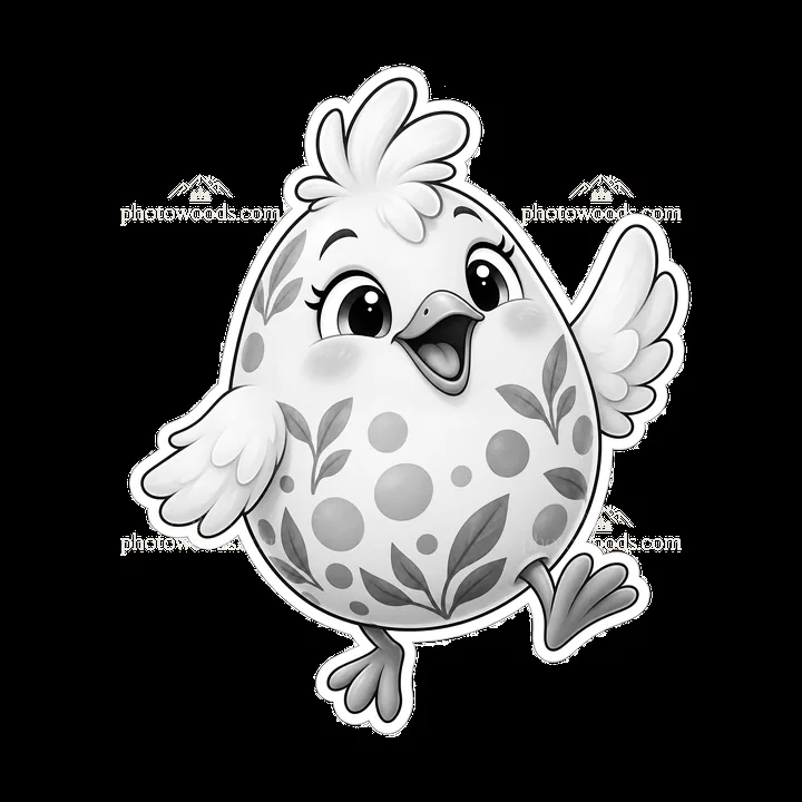Cartoon chick with polka dot Easter egg in cheerful pose - AI-generated stock image