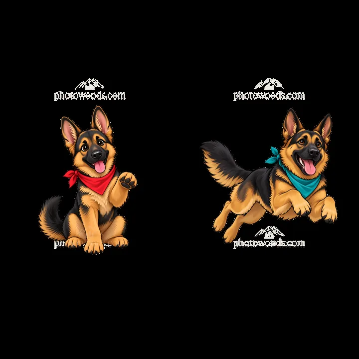 German shepherd dogs with color bandanas in playful poses - AI-generated stock image