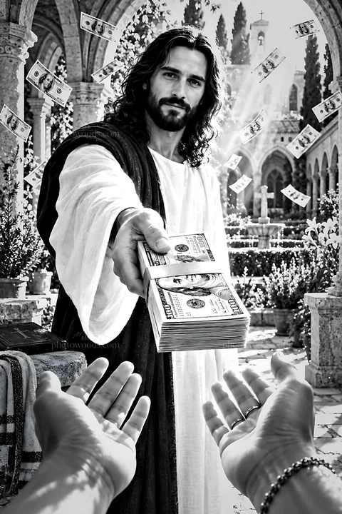 Man giving money in a cloister setting - AI-generated stock image