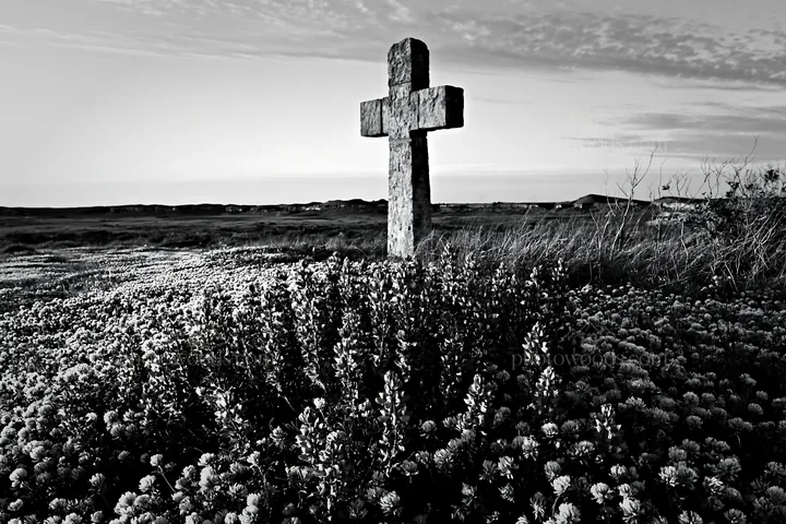 Christian cross in meadow during sunset - AI-generated stock image