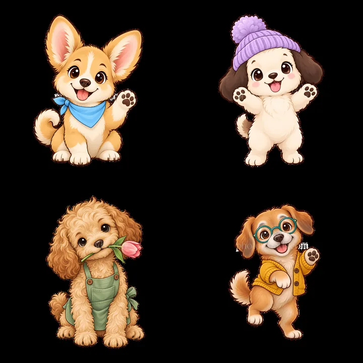 Cute dogs in a 2x2 cartoon sticker illustration set - AI-generated stock image