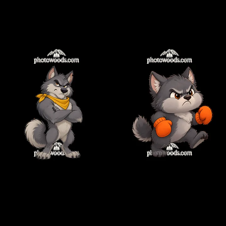 Grumpy wolf with orange boxing gloves and determined expression - AI-generated stock image