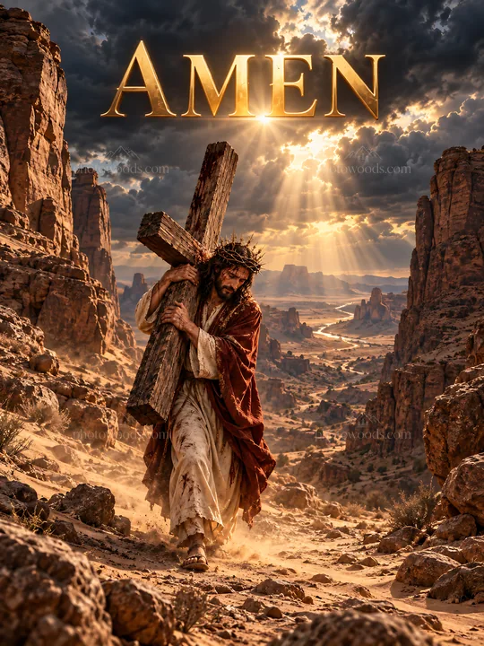 Jesus Christ carrying the cross through a rugged landscape - AI-generated stock image