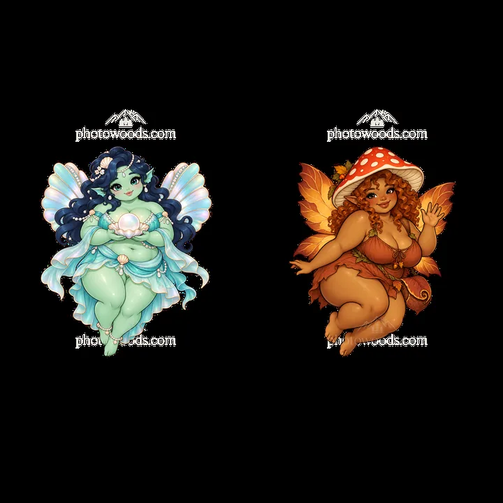 Kawaii ultra-fat fairies with colorful wings and playful expressions - AI-generated stock image