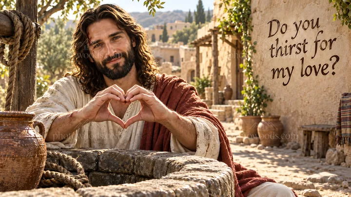 Jesus Christ offers love and compassion at a village well - AI-generated stock image