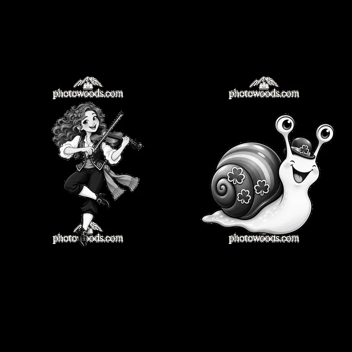 Girl playing violin with snail wearing a hat and shamrocks - AI-generated stock image