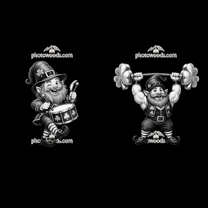 St. Patrick's Day gnome drumming and lifting weights - AI-generated stock image