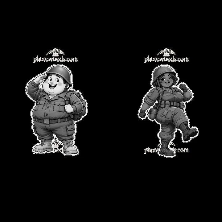 Cute ultra-chubby soldier pair in monochrome illustration - AI-generated stock image
