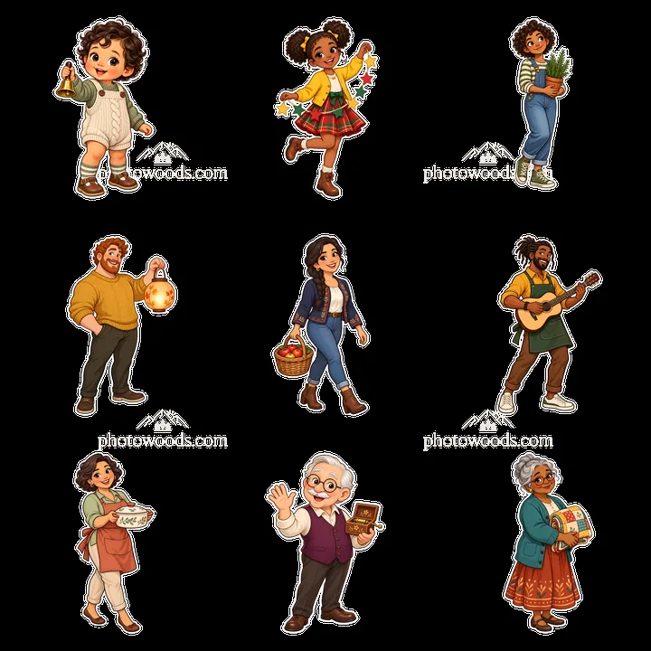 Traditional family moments with diverse characters in activities - AI-generated stock image