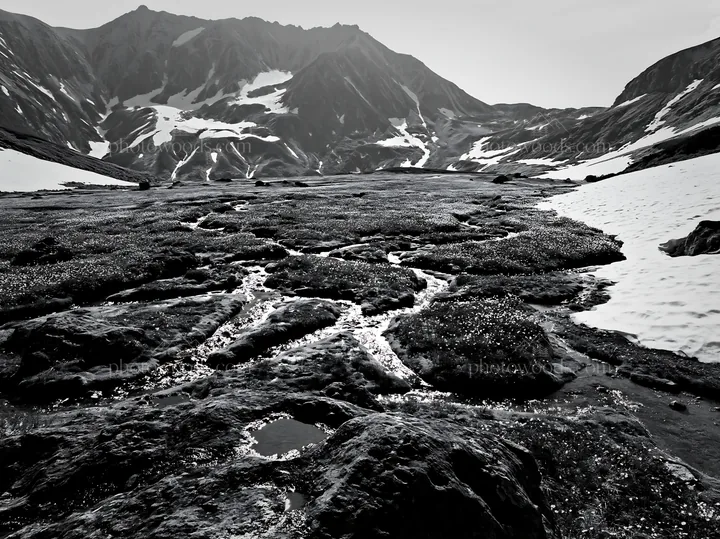Black and white toyama alpine meadow snowmelt rock foreground with flowing streams - AI-generated stock image