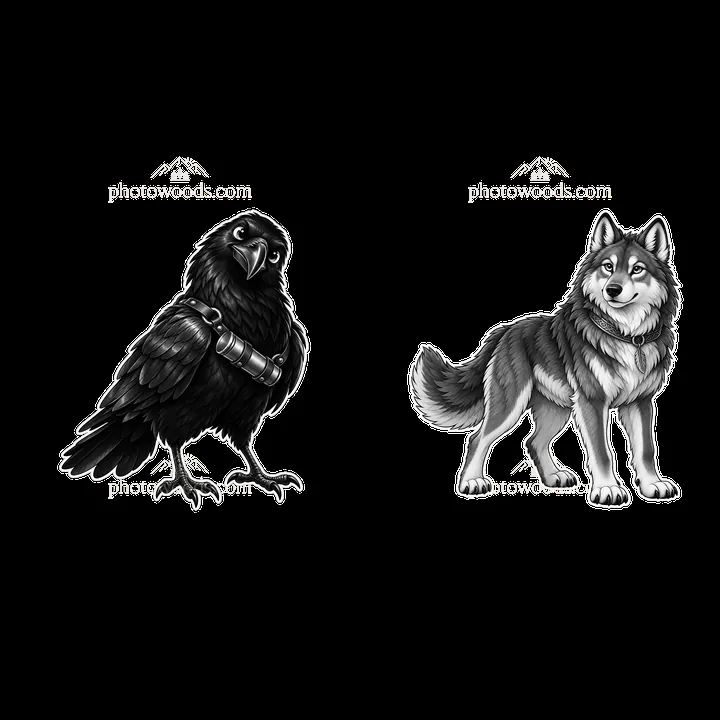 Cartoon stickers of a raven and a wolf in black-and-white design - AI-generated stock image