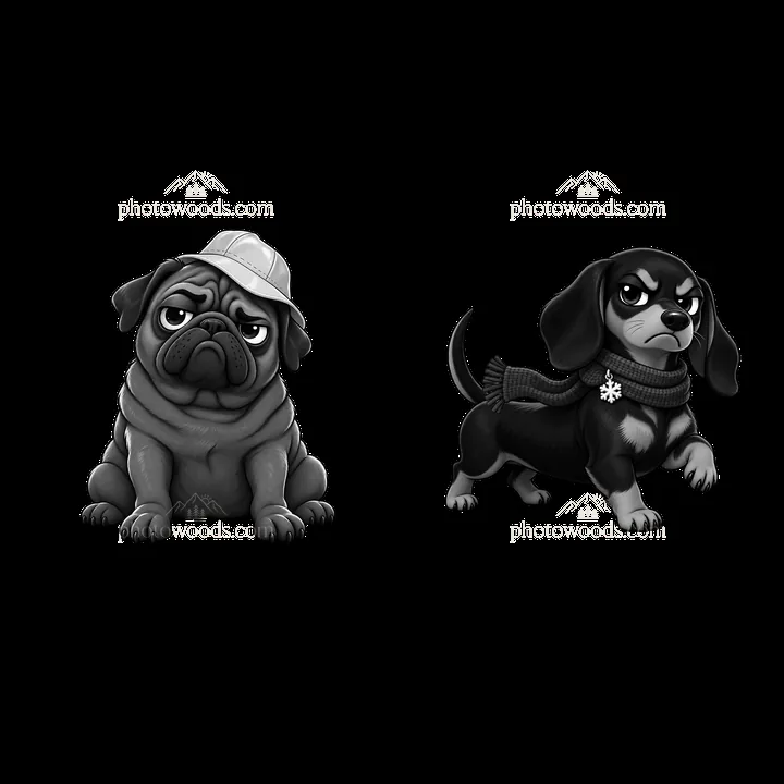 Kawaii grumpy dog pair with accessories and distinct expressions - AI-generated stock image