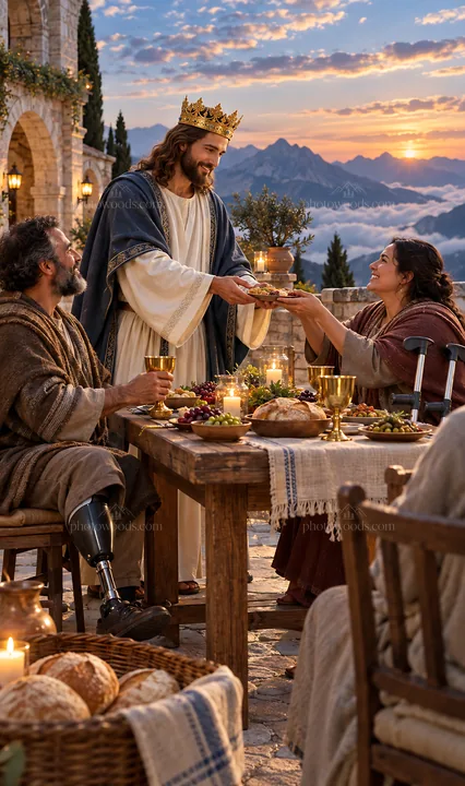Jesus Christ sharing a meal with guests - AI-generated stock image