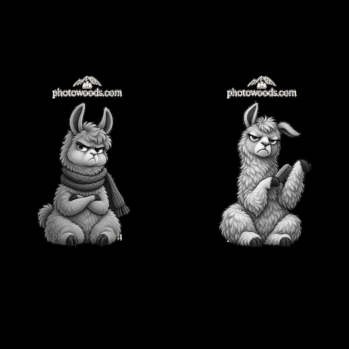 Grumpy llama character stickers with expressions and poses - AI-generated stock image