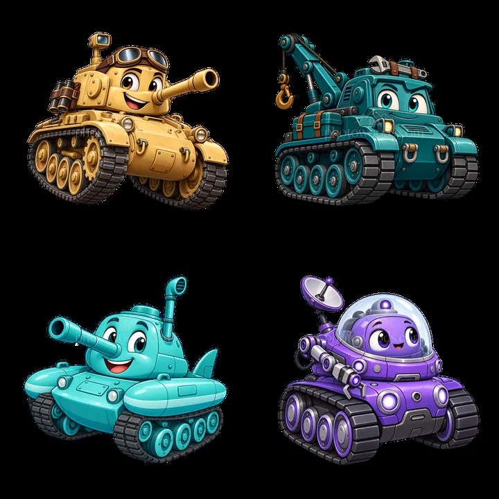 Cartoon tank characters with fun designs in a 2x2 layout - AI-generated stock image