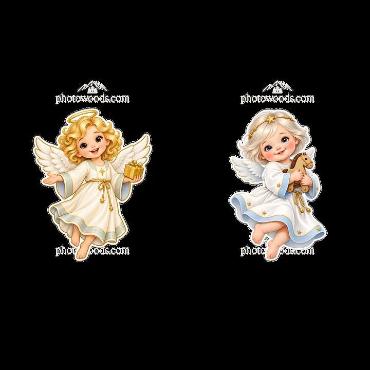 Christ Child with gift and angel holding toy in Christmas scene - AI-generated stock image