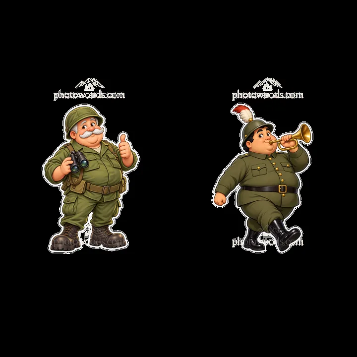 Cute ultra-chubby soldier characters in action with camera and trumpet - AI-generated stock image