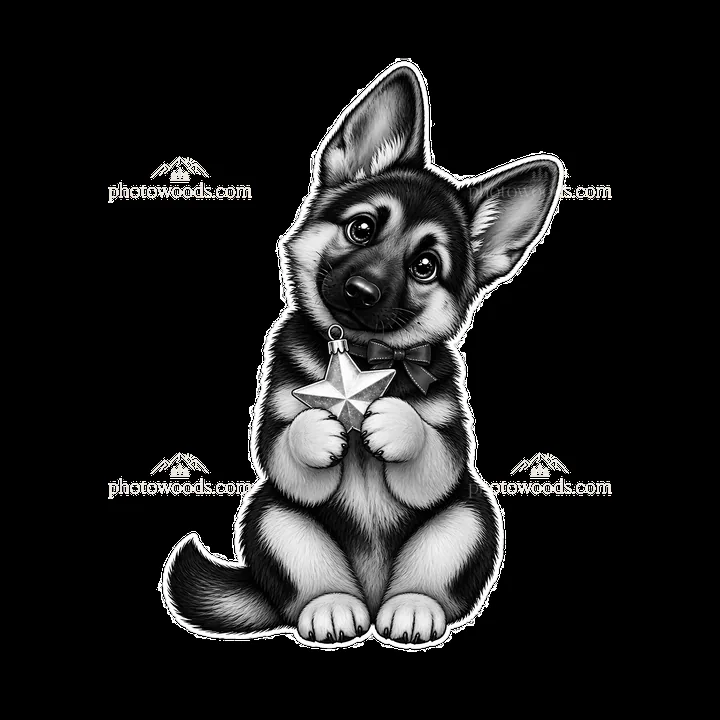 Christmas German Shepherd holding a star ornament in black and white - AI-generated stock image