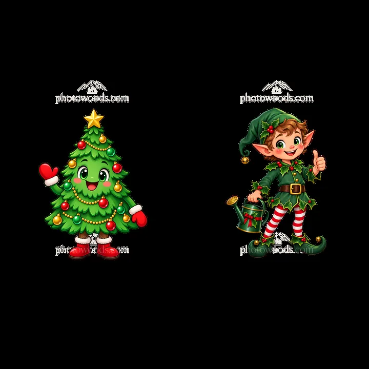 Cartoon Christmas tree with cheerful elf character holding a pot - AI-generated stock image